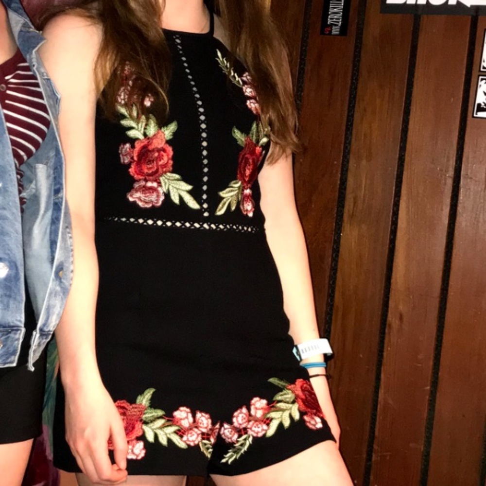 She & sky black formal romper with rose decals